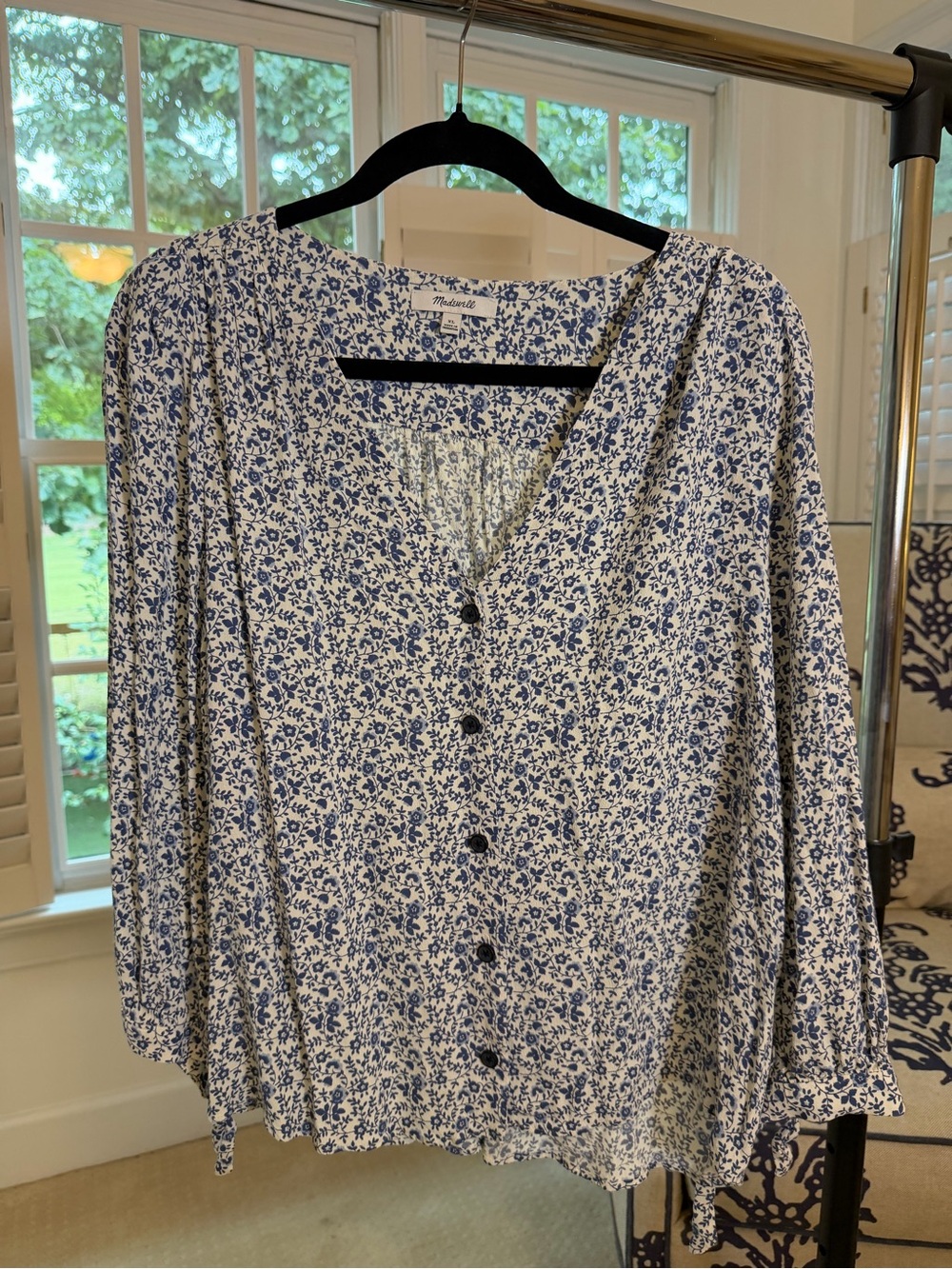 Madewell Cream Blouse with Blue Floral Print, Button-Front